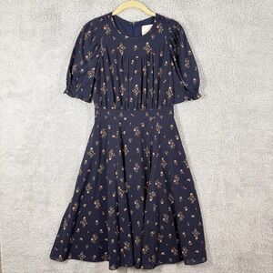 Gal Meets Glam Emily Fit & Flare Midi Dress Size 2‎ Navy Floral Puff Sleeve